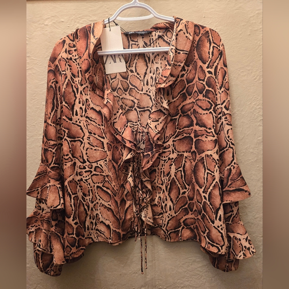 Zara Brown Animal Print Ruffle Blouse